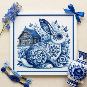 Gzhel Rabbit Cross Stitch Pattern – Folk Art Blue White Floral PDF 300×300 Stitches | Instant Download