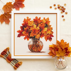 Autumn Maple Bouquet Cross Stitch Pattern – Glass Vase Fall Leaves PDF 277×268 Stitches | Instant Download