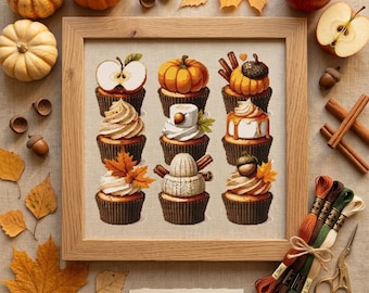 Fall Cross Stitch Pattern – Autumn Cupcake Dessert PDF 260×260 Stitches | Instant Download