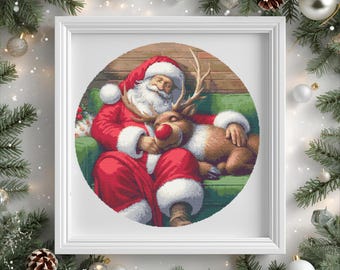 Sleeping Santa & Reindeer Cross Stitch Pattern – • Christmas PDF 300×300 Stitches | Instant Download