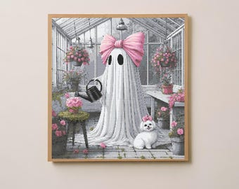 Ghost Cross Stitch Pattern – Greenhouse Scene with Pink Bow and Dog PDF 300×300 Stitches | Instant Download