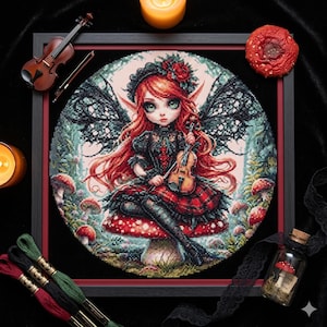 May include: A framed cross-stitch embroidery featuring a red-haired fairy with pointed ears and black wings, sitting on a large red mushroom while holding a miniature violin. The scene includes forest mushrooms and a dark, detailed background.