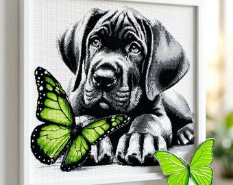 Dane Puppy & Butterfly Cross Stitch Pattern – Whimsical Dog Embroidery PDF, 270x270 Stitches, Instant Download, Pet and Animal Art Design