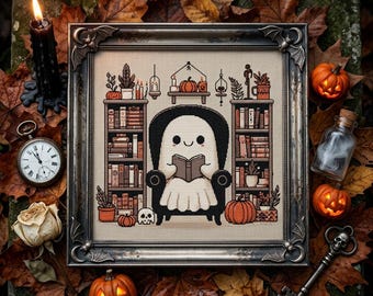 Gothic Library Ghost Cross Stitch Pattern, Spooky Pixel Art for Halloween, Gothic Decor, Book Lover Gift, Instant Download, 260x237 Stitches