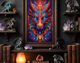 Colorful Dragon Cross Stitch Pattern, Fantasy Dragon Face PDF, Modern Dragon Art, Detailed Cross Stitch, Instant Download