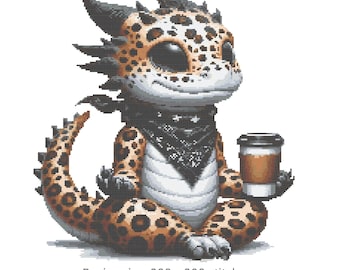 Leopard Dragon with Coffee Cross Stitch Pattern PDF 200×200 Stitches | Counted Embroidery | Instant Download