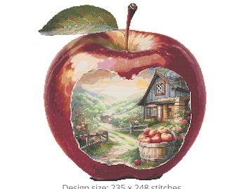 Apple Landscape Cross Stitch Pattern – Glossy Watercolor Design PDF 235×248 Stitches | Instant Download