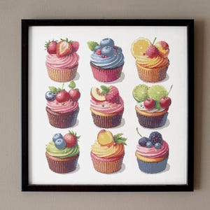 Kruissteekpatroon fruitcupcake: kleurrijk dessertborduurwerk (pdf-patroon)