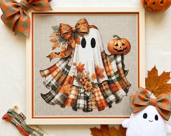 Patchwork Ghost Cross Stitch Pattern PDF – Spooky Cute Halloween Fall Cottagecore Decor DIY Gift | Instant Download