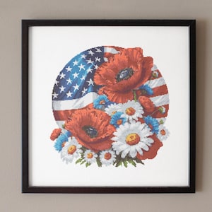 American Flag Cross Stitch Pattern: Patriotic Poppies & Daisies (PDF Pattern, 200x200 Stitches)
