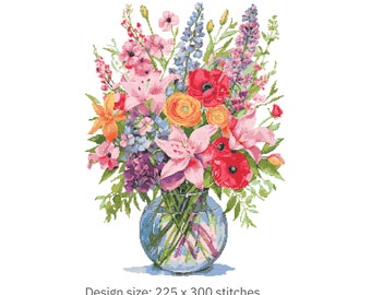 Watercolor Bouquet Cross Stitch Pattern – Wildflower Embroidery Design PDF 225×300 Stitches | Instant Download