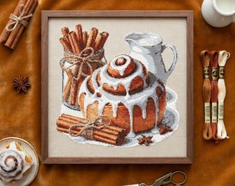 Cinnamon Roll Cross Stitch Pattern – Iced Bun Design PDF 200×200 Stitches | Instant Download