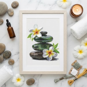 Zen Stones Cross Stitch Pattern, Stacked Rocks, White Plumeria Flower Spa Decor (PDF Download)
