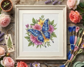 Azure Butterfly Cross Stitch Pattern – Floral Embroidery Chart with Sunflower Bouquet, Dried Flowers, and Nature Motifs PDF Instant Download