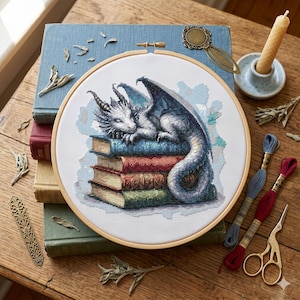 Sleeping Dragon on Books Cross Stitch Pattern – Watercolor Blue Fantasy PDF 200×200 Stitches | Instant Download