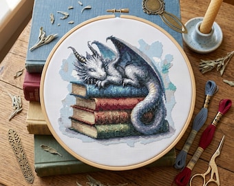 Sleeping Dragon on Books Cross Stitch Pattern – Watercolor Blue Fantasy PDF 200×200 Stitches | Instant Download