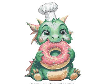 Emerald Dragon & Donut Cross Stitch Pattern PDF 212×301 Stitches | Counted Embroidery | Instant Download