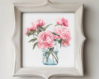 Peony Cross Stitch Pattern – Floral Embroidery Design PDF | Instant Download