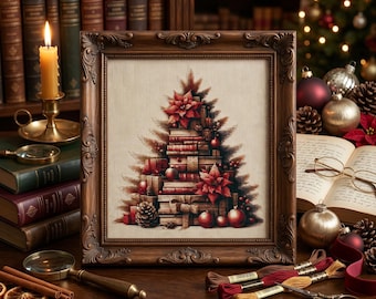 Book Tree Cross Stitch Pattern, Rustic Hygge Christmas Decor PDF, Vintage Book Holiday Art, Nordic Xmas Stitch, Instant Download