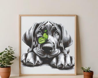 Dane Puppy & Butterfly Cross Stitch Pattern – Elegant Dog Design PDF 280×273 Stitches | Instant Download