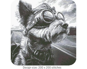 Yorkie Aviator Cross Stitch Pattern – Dog Embroidery Design PDF 200×200 Stitches | Instant Download