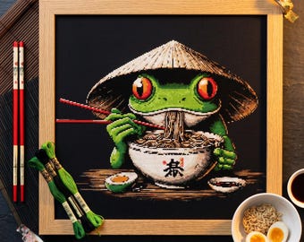 Ramen Frog Cross Stitch Pattern – Japanese Frog Eating Noodles PDF 240×176 Stitches | Instant Download