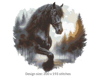 Horse Cross Stitch Pattern – Misty Forest Equestrian PDF 200×193 Stitches | Instant Download