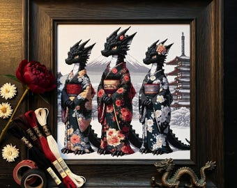 Japanese Dragon Kimono Cross Stitch Pattern – Black Dragons Floral Fantasy PDF 300×300 Stitches | Instant Download