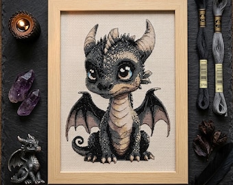 ちびドラゴンのクロスステッチパターン、ちび漫画の刺繍、子供部屋の壁