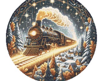 Winter Steam Train Cross Stitch Pattern PDF 298×298 Stitches | Counted Embroidery | Instant Download