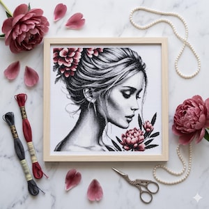Peony Girl Cross Stitch Pattern – Floral Portrait Sketch Romantic PDF 300×289 Stitches | Instant Download