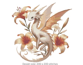 Lilies and Dragon Cross Stitch Pattern – Fantasy Embroidery Design (PDF Download PDF 200×200 Stitches | Instant Download