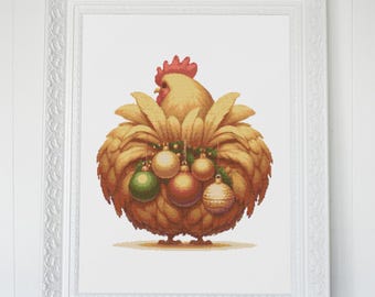 Hen Cross Stitch Pattern – Funny Holiday Baubles, PDF 235×250 Stitches | Instant Download
