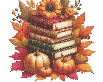 Autumn Books & Pumpkins Cross Stitch Pattern – Rustic Farmhouse Decor PDF 250×250 Stitches | Instant Download