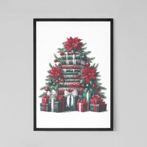 May include: A framed print featuring a Christmas tree design made of books. The tree is adorned with red poinsettias, ornaments, and topped with a star. Presents wrapped in red, green, and gray with white bows are at the base.