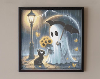 Ghost and Black Cat Cross Stitch Pattern – with Umbrella and Sunflowers – Rainy Night PDF Design PDF 300×300 Stitches | Instant Download