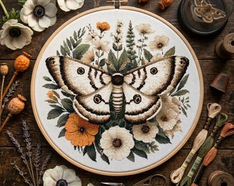 Moth Floral Wreath Cross Stitch Pattern – Gothic Nature Design (PDF Download)