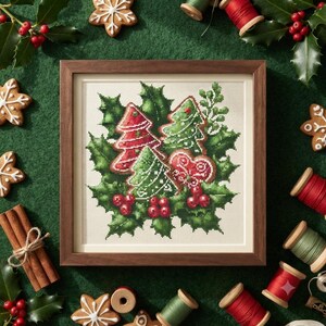 Gingerbread Holly Berry Cross Stitch Pattern, Christmas Iced Cookie Stitch (PDF Download)