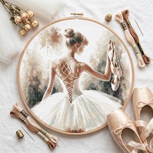 Ballerina Cross Stitch Pattern – Elegant White Tutu Ballet Art PDF 200×200 Stitches | Instant Download
