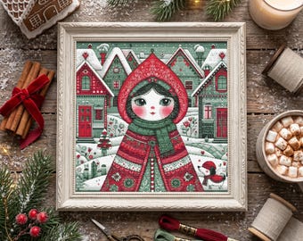 Winter Village Girl Cross Stitch Pattern, Folk Art Christmas Embroidery PDF, 300×300 Stitches, Holiday Decor, Winter Scene, Instant Download