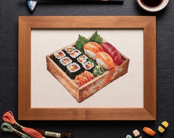 Sushi in Wooden Box Cross Stitch Pattern, Kitchen Decor PDF, Food Lover Gift, Japanese Cuisine Embroidery, Instant Download 200x172 Stitches