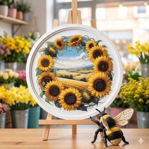 Sunflower Cross Stitch Pattern, Floral Wreath Embroidery PDF Rustic Cottage Core Decor, Landscape Design, Instant Download, 300x300 Stitches