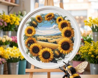 Sunflower Cross Stitch Pattern, Floral Wreath Embroidery PDF Rustic Cottage Core Decor, Landscape Design, Instant Download, 300x300 Stitches