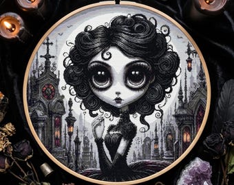 Gothic Doll Cross Stitch Pattern – Haunted Moonlit Scene PDF 300×300 Stitches | Instant Download