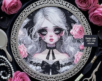 Anime Gothic Girl Cross Stitch Pattern, Silver Hair, Fairy Tale, Halloween, Fantasy, Gothic Aesthetic, Instant Download, 250×250 Stitches