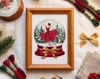 Ballerina Snow Globe Cross Stitch Pattern – Christmas Ballet PDF 107×132 Stitches | Instant Download