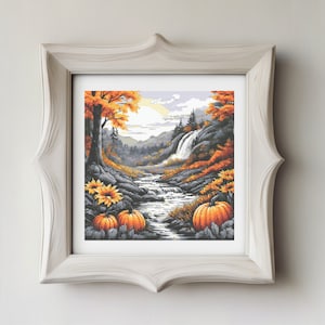 Autumn Landscape Cross Stitch Pattern: Pumpkins and Waterfall (Digital Pattern)