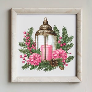 Pink Christmas Lantern Cross Stitch Pattern, Landscape cross stitch, Nature cross stitch, Landscape scenery Cross Stitch Digital Pattern