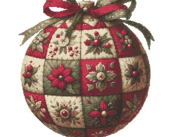 Christmas Bauble Cross Stitch Pattern – Floral Patchwork Ornament PDF 210×240 Stitches | Instant Download