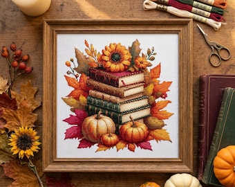 Autumn Books & Pumpkins Cross Stitch Pattern – Rustic Farmhouse Decor PDF 250×250 Stitches | Instant Download